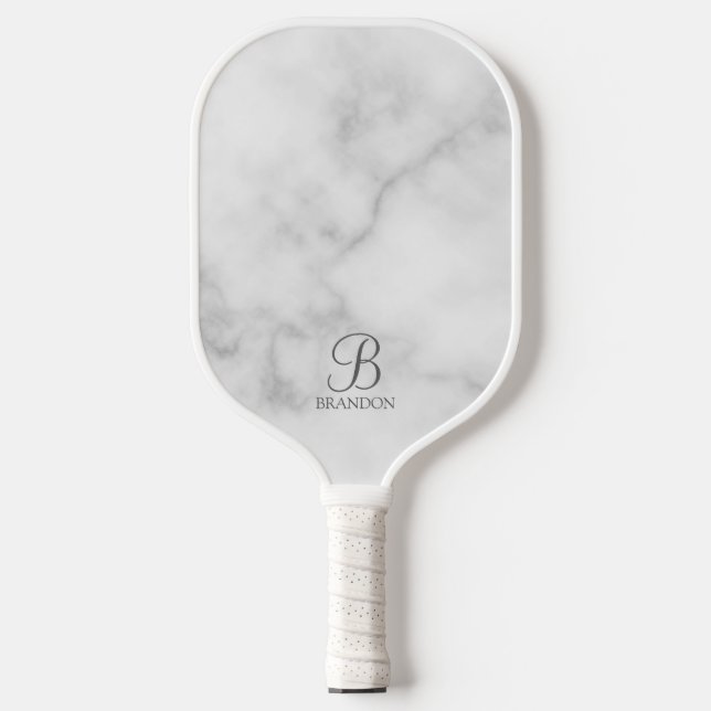 White Marble Personalized Script Monogram and Name Pickleball Paddle (Front)
