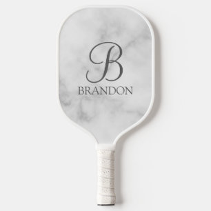 White Marble Personalized Script Monogram and Name Pickleball Paddle