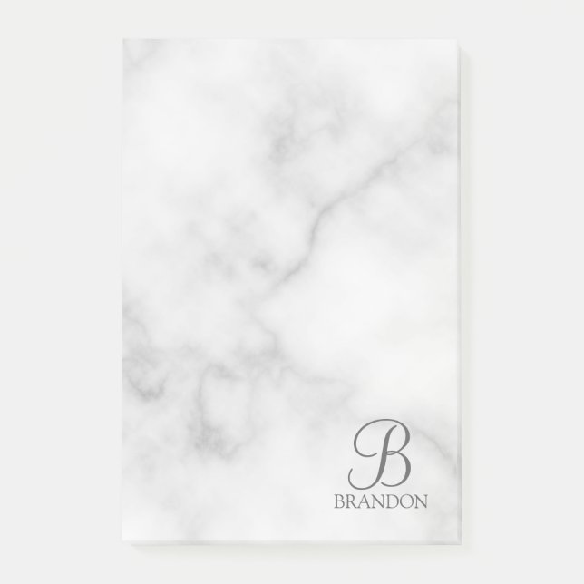 White Marble Personalized Script Monogram and Name Post-it Notes (Front)