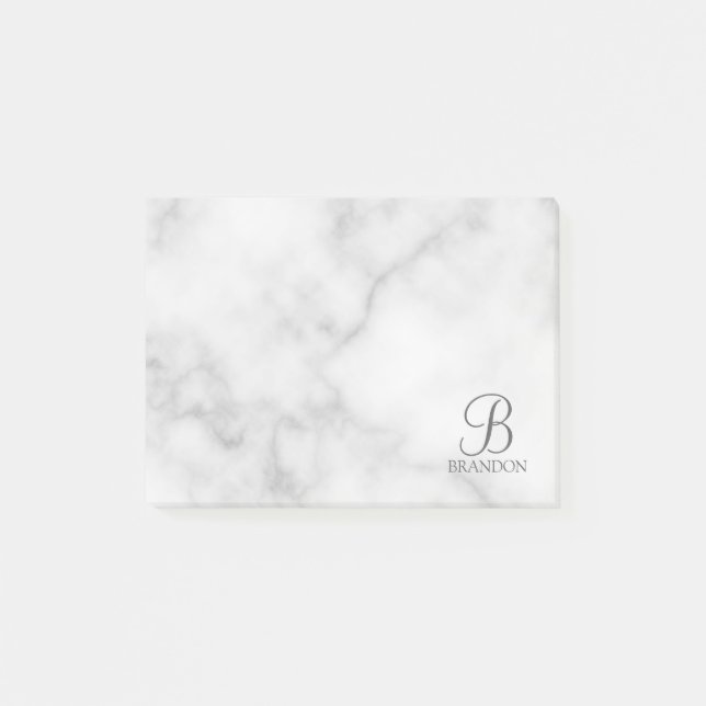 White Marble Personalized Script Monogram and Name Post-it Notes (Front)