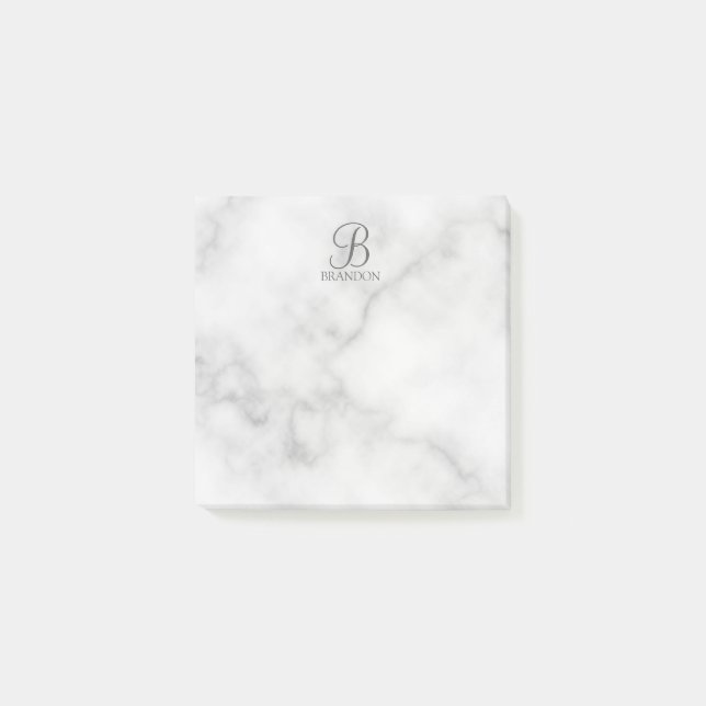 White Marble Personalized Script Monogram and Name Post-it Notes (Front)