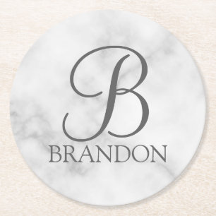 White Marble Personalized Script Monogram and Name Round Paper Coaster