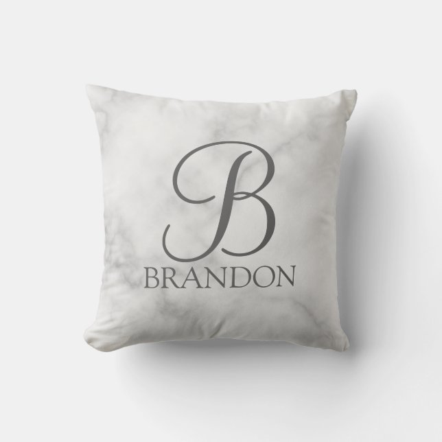 White Marble Personalized Script Monogram and Name Throw Pillow (Front)