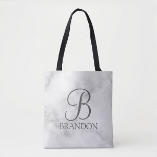 White Marble Personalized Script Monogram and Name Tote Bag