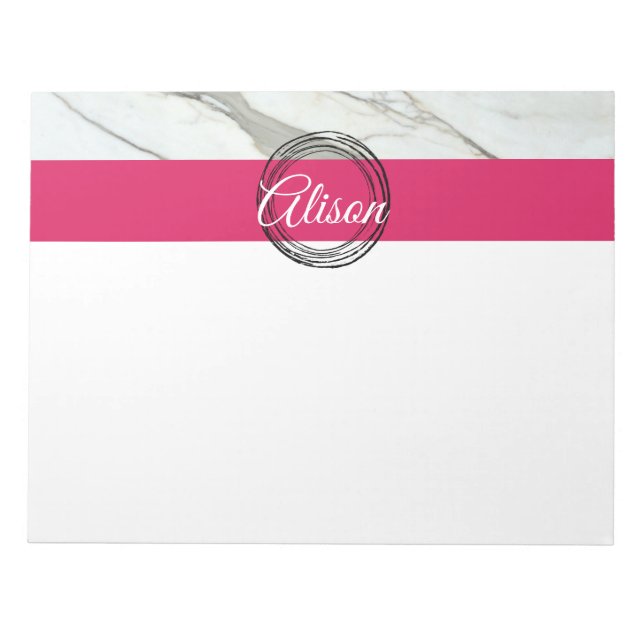 White marble pink black circles personal name notepad (Front)