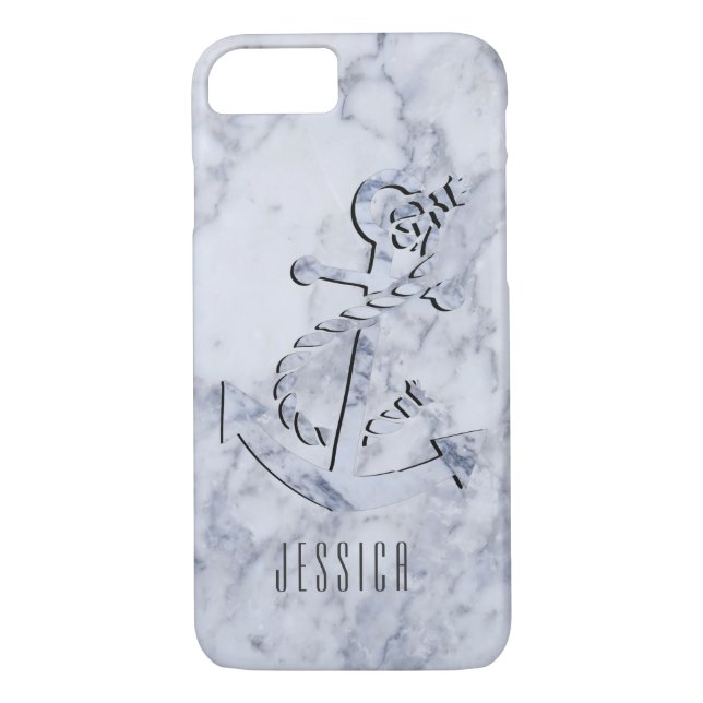 White Marble Print With NauticalBoat Anchor Case-Mate iPhone Case (Back)
