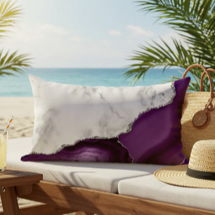 White Marble Purple Agate Silver Glitter Outdoor Lumbar Pillow