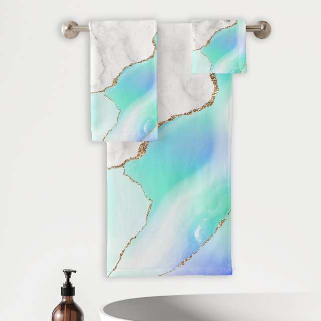 White Marble Purple Green Blue Agate Gold Glitter Bath Towel Set (Creator Uploaded)