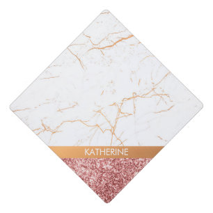 White Marble Rose Glitter Graduation Cap Topper