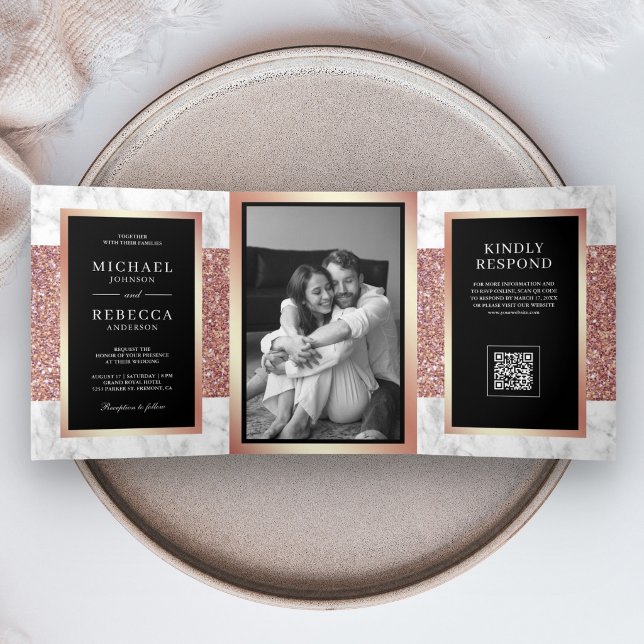 White Marble Rose Gold Black QR Code Wedding Tri-Fold Invitation (Creator Uploaded)