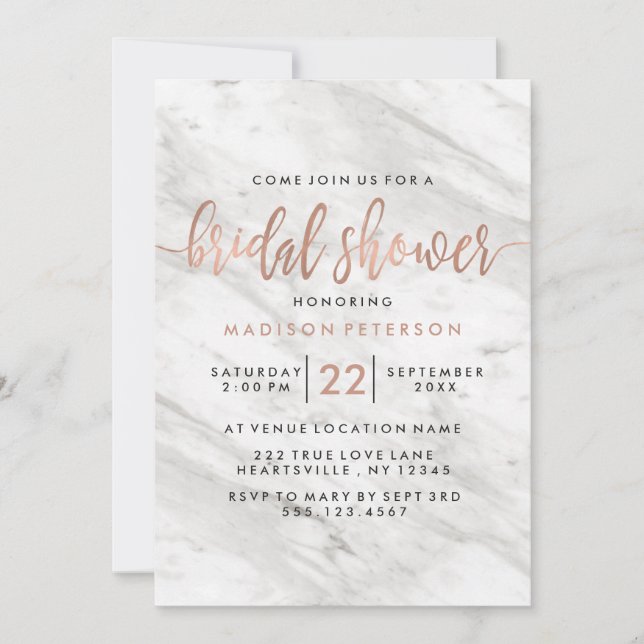 White Marble & Rose Gold Bridal Shower Invitation (Front)