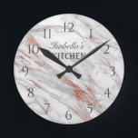 White Marble  Rose Gold Copper Glitter Kitchen Round Clock<br><div class="desc">Elegant Chic Rose Gold and White Marble Monogram home decor design ready to personalize with your monogram.</div>