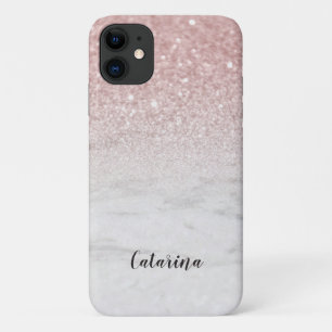 White Marble Rose Gold Faux Glitter Add Name Girly iPhone 11 Case