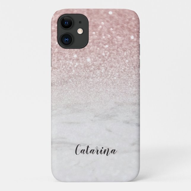 White Marble Rose Gold Faux Glitter Add Name Girly Case-Mate iPhone Case (Back)
