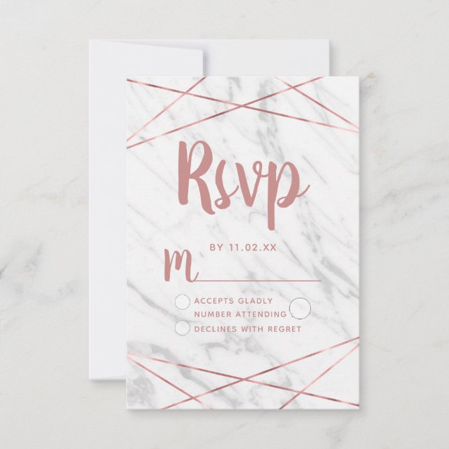 White Marble Rose Gold Geometric Wedding RSVP Card (Front)