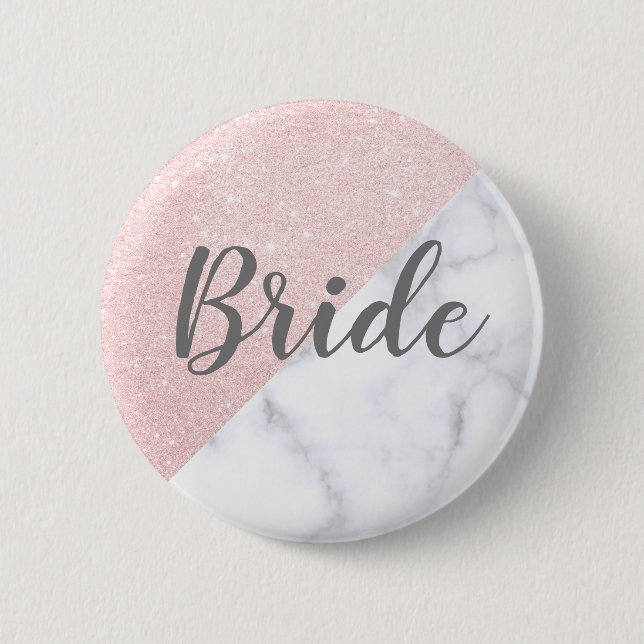 White marble & rose gold glitter bride 2 inch round button (Front)