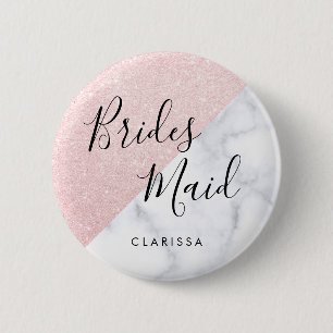 White marble & rose gold glitter bridesmaid 2 inch round button
