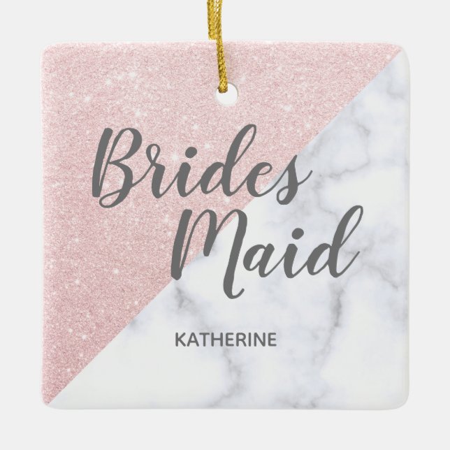 White marble & rose gold glitter bridesmaid ceramic ornament (Front)