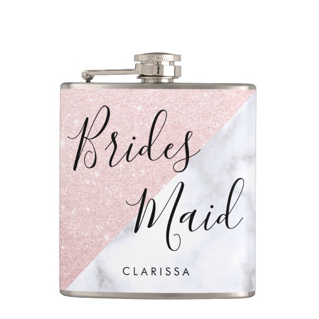 White marble & rose gold glitter bridesmaid hip flask (Front)