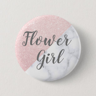 White marble & rose gold glitter flower girl 2 inch round button
