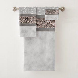 White Marble Rose Gold Glitter Stripe Glam #1 Bath Towel Set