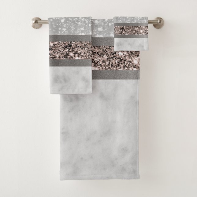 White Marble Rose Gold Glitter Stripe Glam #1 Bath Towel Set (Insitu)