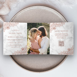 White Marble Rose Gold Lace Photo QR Code Wedding Tri-Fold Invitation