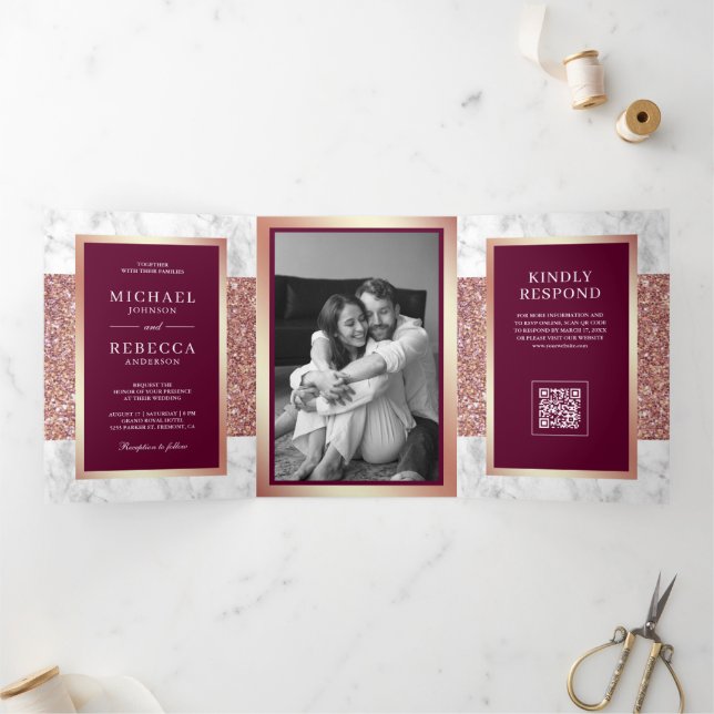 White Marble Rose Gold Magenta QR Code Wedding Tri-Fold Invitation (Inside)