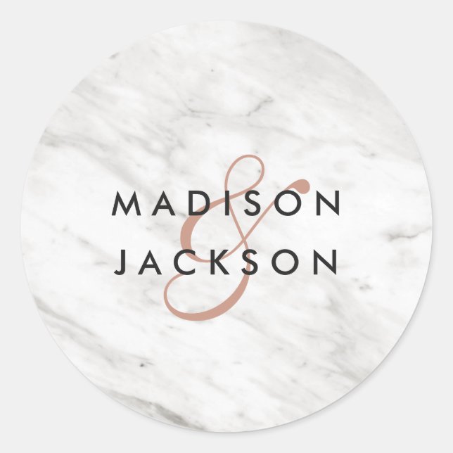 White Marble & Rose Gold Modern Monogram Wedding Classic Round Sticker (Front)