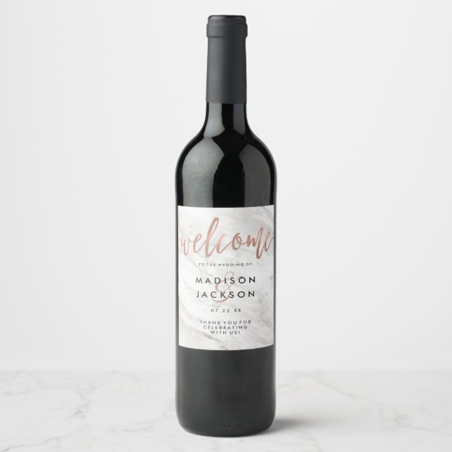 White Marble & Rose Gold Modern Wedding Monogram Wine Label (Front)