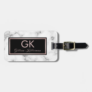 White Marble Rose Gold Monogrammed Name Luggage Tag