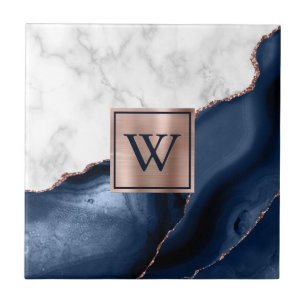 White Marble Rose Gold Navy Blue Agate Monogram Tile