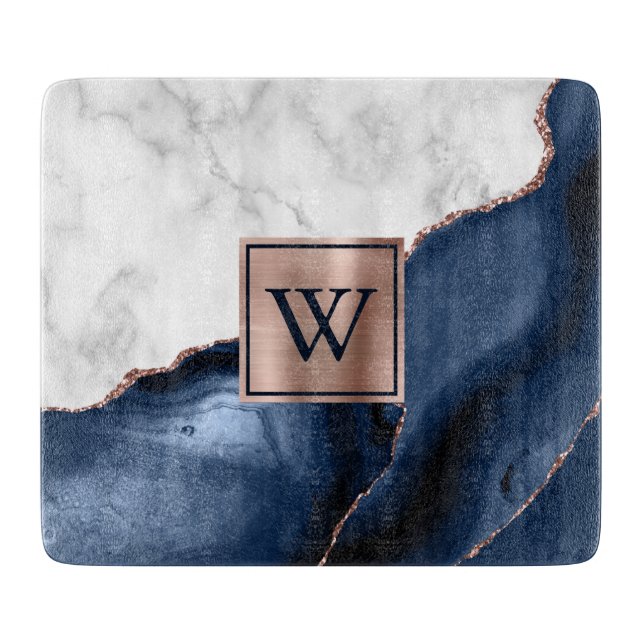 White Marble Rose Gold Navy Blue Agate Monogram Tr Cutting Board (Front)