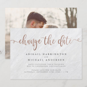 White Marble & Rose Gold Script Change The Date Invitation