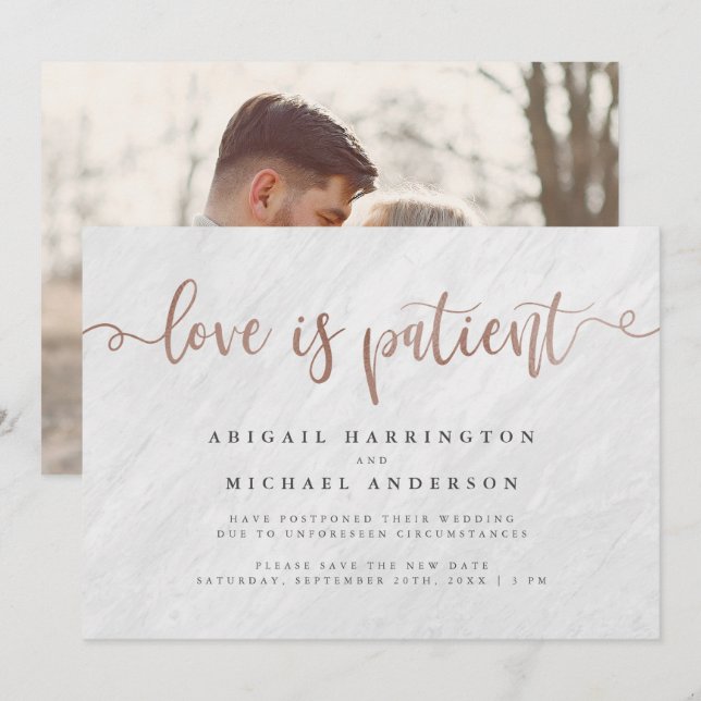White Marble & Rose Gold Script Love Is Patient Invitation (Front/Back)