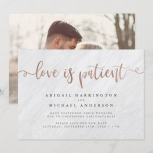 White Marble & Rose Gold Script Love Is Patient Invitation