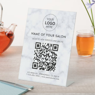 White Marble Salon Business QR Code and Logo Pedestal Sign