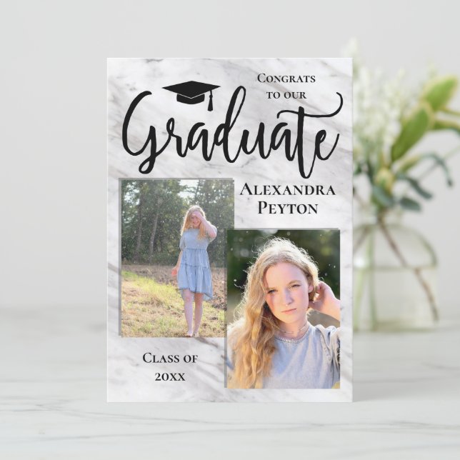 White Marble Script 2 Photo Graduation Invitation (Standing Front)