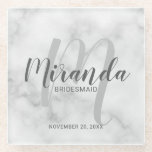 White Marble Script Personalized Bridesmaids Glass Coaster<br><div class="desc">Add a personal touch to your wedding with personalized bridesmaids gift glass coaster. This coaster features personalized bridesmaid's name in grey modern script font style and monogram in light grey modern script font style as background with title and wedding date in grey modern sans serif font style on white marble...</div>