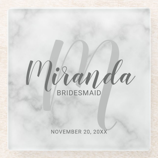 White Marble Script Personalized Bridesmaids Glass Coaster (Front)