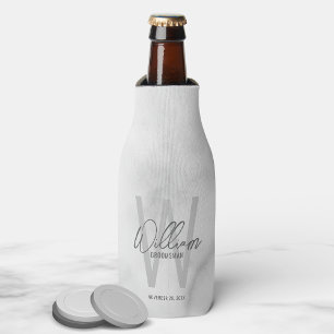 White Marble Script Personalized Groomsman's Name Bottle Cooler