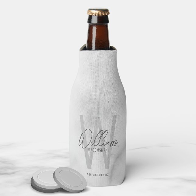 White Marble Script Personalized Groomsman's Name Bottle Cooler (Creator Uploaded)