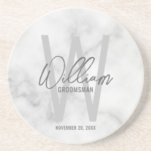 White Marble Script Personalized Groomsman's Name Coaster