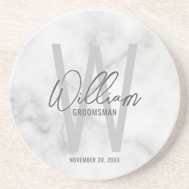 White Marble Script Personalized Groomsman's Name Coaster (Front)