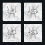 White Marble Script Personalized Groomsman's Name Coaster Set<br><div class="desc">Modern Minimalist Personalized Monogram and Name Gifts This design features personalized groomsman's name in grey modern handwriting script font style and monogram in light grey modern sans serif font style as background, with wedding details in grey modern sans serif font style, on white marble background. Also perfect for best man,...</div>