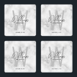 White Marble Script Personalized Groomsman's Name Coaster Set<br><div class="desc">Modern Minimalist Personalized Monogram and Name Gifts This design features personalized groomsman's name in grey modern handwriting script font style and monogram in light grey modern sans serif font style as background, with wedding details in grey modern sans serif font style, on white marble background. Also perfect for best man,...</div>