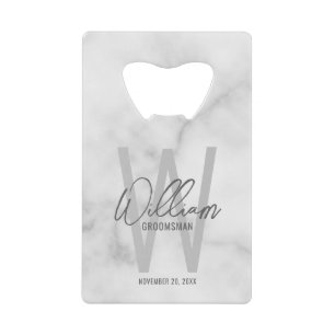 White Marble Script Personalized Groomsman's Name Credit Card Bottle Opener