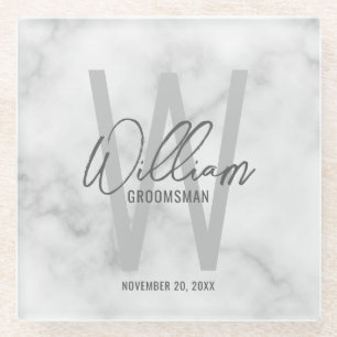 White Marble Script Personalized Groomsman's Name Glass Coaster
