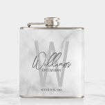 White Marble Script Personalized Groomsman's Name Hip Flask<br><div class="desc">Modern Minimalist Personalized Monogram and Name Gifts This design features personalized groomsman's name in grey modern handwriting script font style and monogram in light grey modern sans serif font style as background, with wedding details in grey modern sans serif font style, on white marble background. Also perfect for best man...</div>