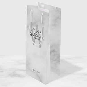 White Marble Script Personalized Groomsman's Name Wine Gift Bag